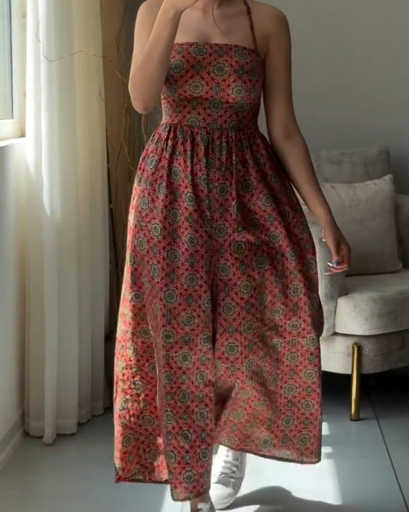 Vintage Tribal Print Halter Tied Detail Jumpsuit Casual Drawstring Loose Romper