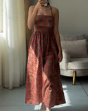 Vintage Tribal Print Halter Tied Detail Jumpsuit Casual Drawstring Loose Romper