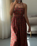 Vintage Tribal Print Halter Tied Detail Jumpsuit Casual Drawstring Loose Romper