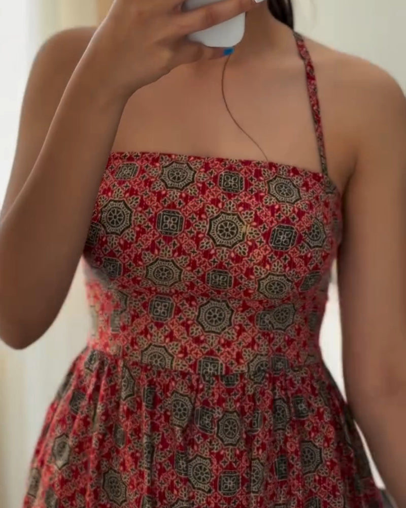 Vintage Tribal Print Halter Tied Detail Jumpsuit Casual Drawstring Loose Romper