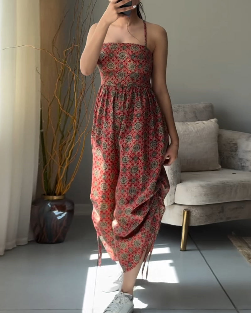 Vintage Tribal Print Halter Tied Detail Jumpsuit Casual Drawstring Loose Romper