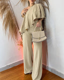 2 Pieces Outfit One Shouder Ruffles Hem Batwing Sleeve Top and Casual High Waist Wide Leg Pants Set