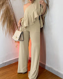 2 Pieces Outfit One Shouder Ruffles Hem Batwing Sleeve Top and Casual High Waist Wide Leg Pants Set