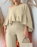 2 Pieces Outfit One Shouder Ruffles Hem Batwing Sleeve Top and Casual High Waist Wide Leg Pants Set