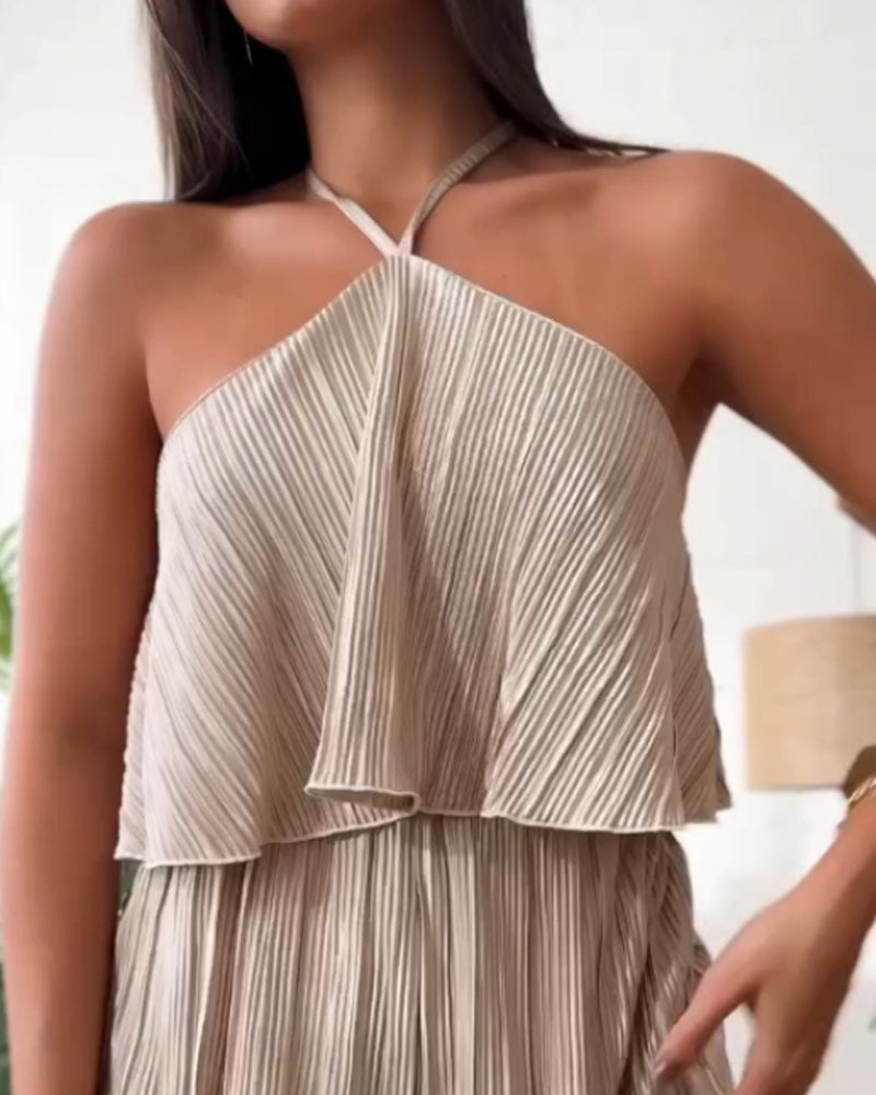 Halter Toothpick Pleated Ruffle Hem Elastic Waist Romper