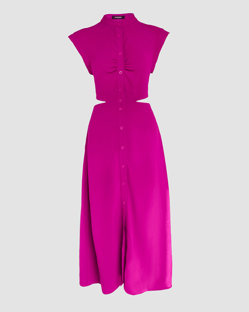 Floral Print Stand Collar Sleeveless Button Down Casual Dress Cutout Elastic Waist Back Maxi Dress