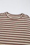 Brown Stripe Textured Side Slits Crew Neck T Shirt