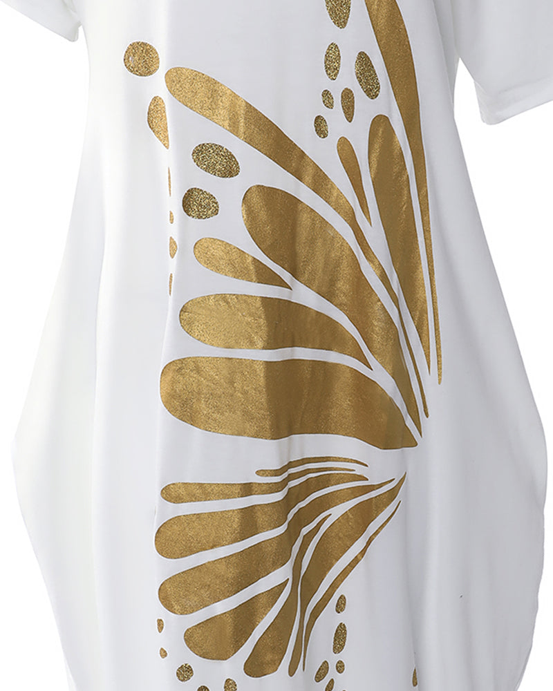 Metallic Butterfly Pattern Pocket Detail Maxi Dress