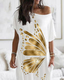 Metallic Butterfly Pattern Pocket Detail Maxi Dress