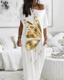 Metallic Butterfly Pattern Pocket Detail Maxi Dress