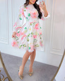 Floral Print Long Sleeve Lace Splicing Casual Cinched Waist Dress
