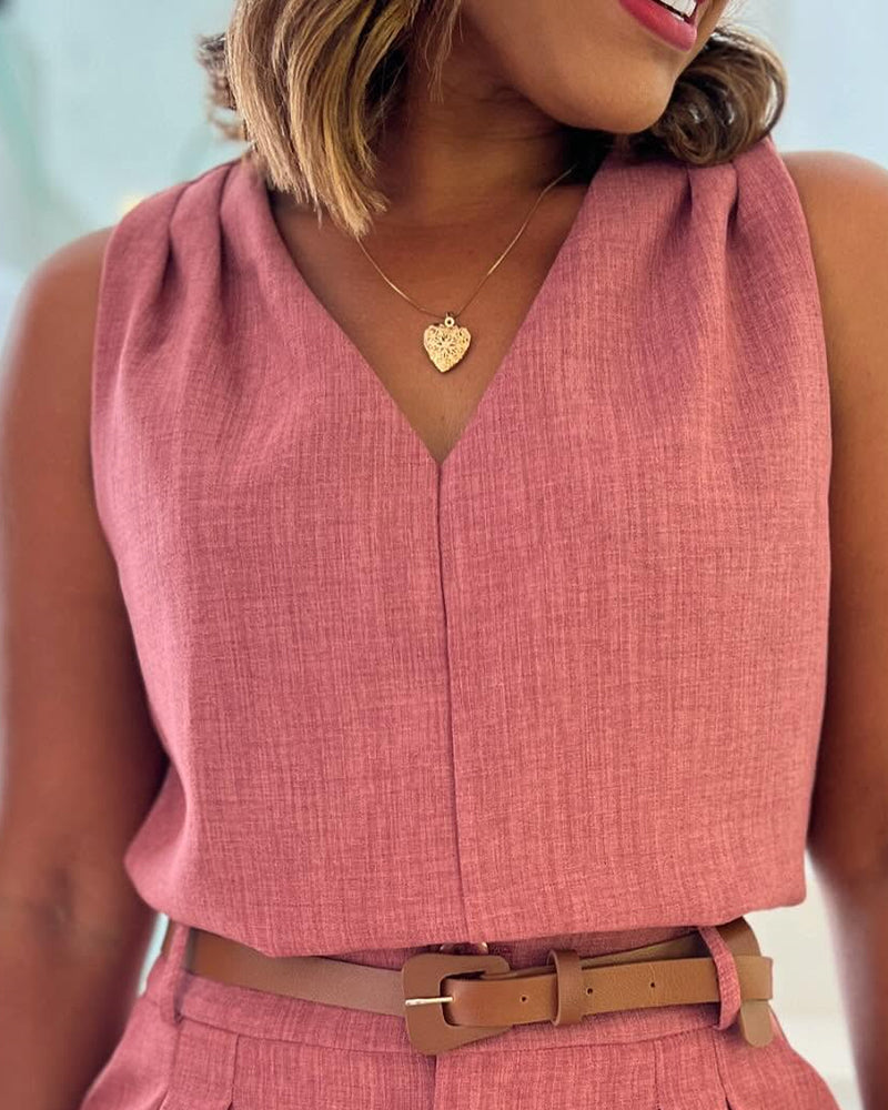 2 Pieces Summer Outfits V Neck Sleeveless Ruched Tank and Casual Pocket Design Shorts Set