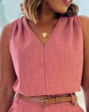2 Pieces Summer Outfits V Neck Sleeveless Ruched Tank and Casual Pocket Design Shorts Set