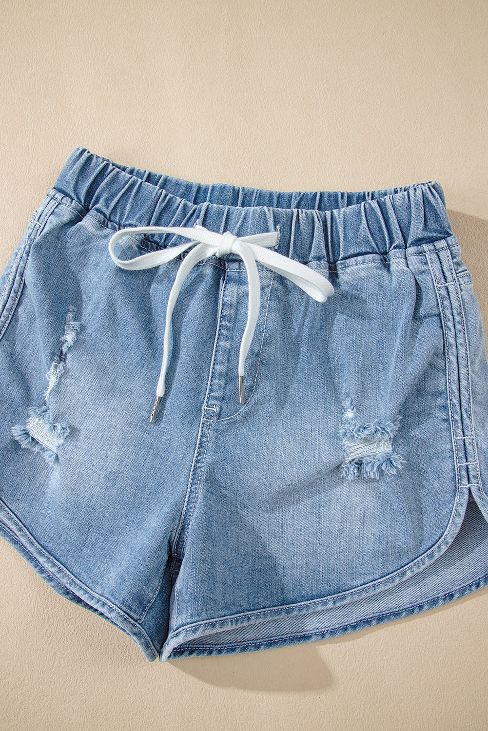 Myosotis Drawstring High Waist Distressed Denim Shorts