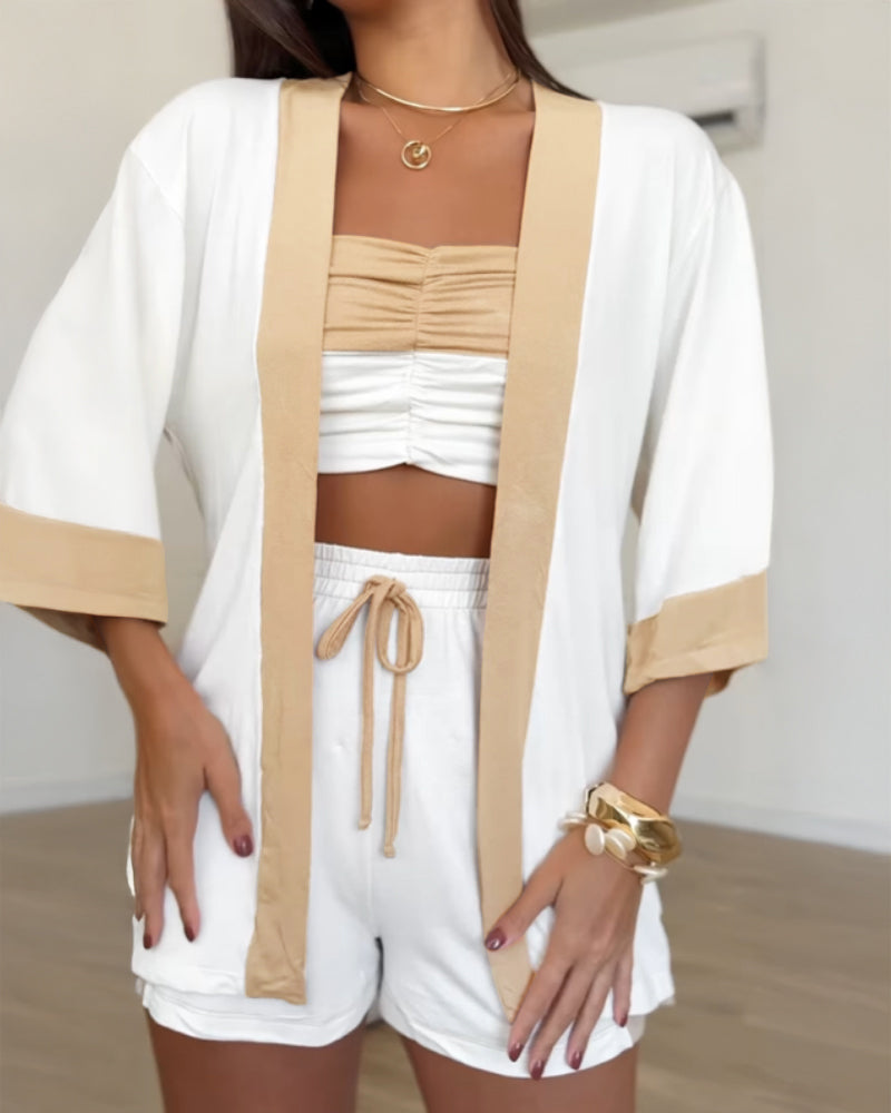 3 Pieces Outfit Open Front Half Sleeve Top and Causal Romper with Bandeau