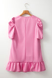 Sachet Pink Pleather Bubble Short Sleeve V Neck Ruffled Hem Mini Dress
