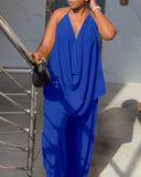 2 Pieces Outfit Plain Textured Cowl Neck Cold Shoulder Sleeveless Ruched Top and Casual Wide Leg Pants Set