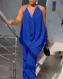 2 Pieces Outfit Plain Textured Cowl Neck Cold Shoulder Sleeveless Ruched Top and Casual Wide Leg Pants Set