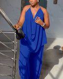 2 Pieces Outfit Plain Textured Cowl Neck Cold Shoulder Sleeveless Ruched Top and Casual Wide Leg Pants Set