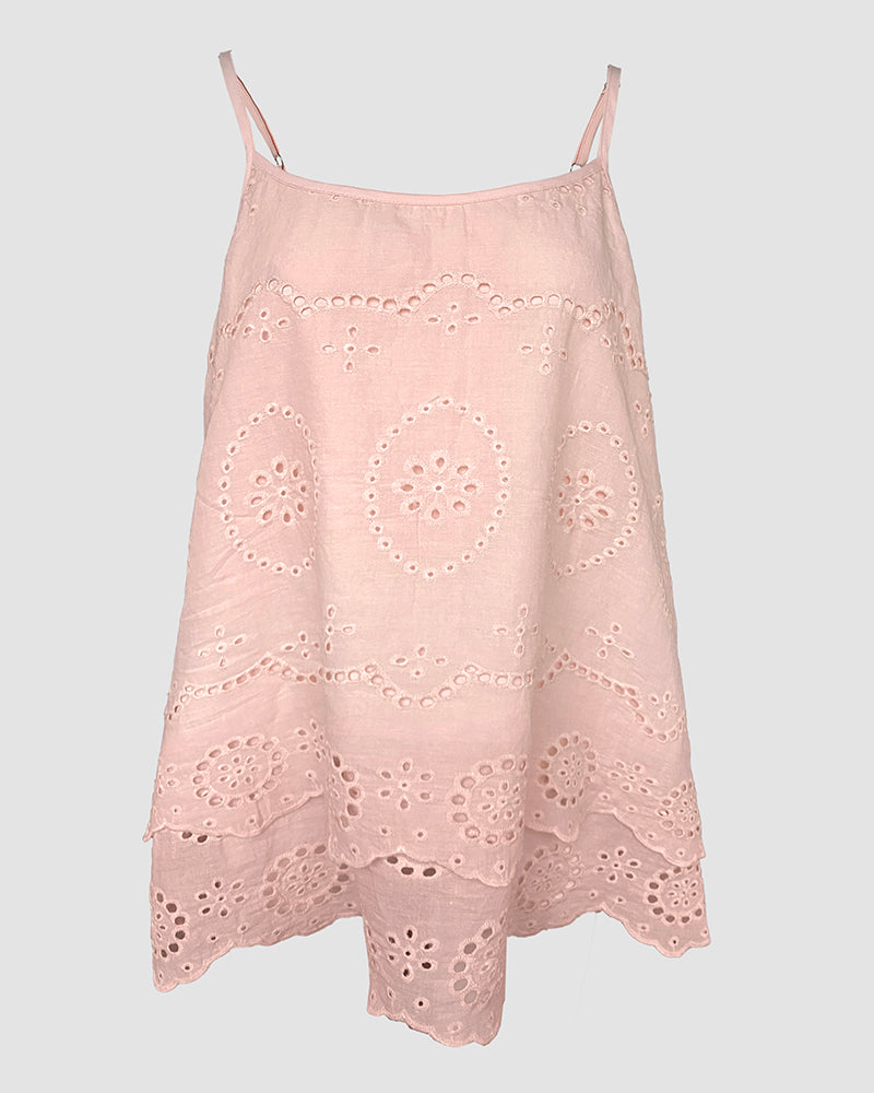 U Neck Spaghetti Strap Eyelet Embroidery Cami Top Double Layer Scallop Hem Casual Tank