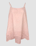 U Neck Spaghetti Strap Eyelet Embroidery Cami Top Double Layer Scallop Hem Casual Tank