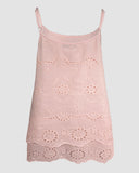U Neck Spaghetti Strap Eyelet Embroidery Cami Top Double Layer Scallop Hem Casual Tank