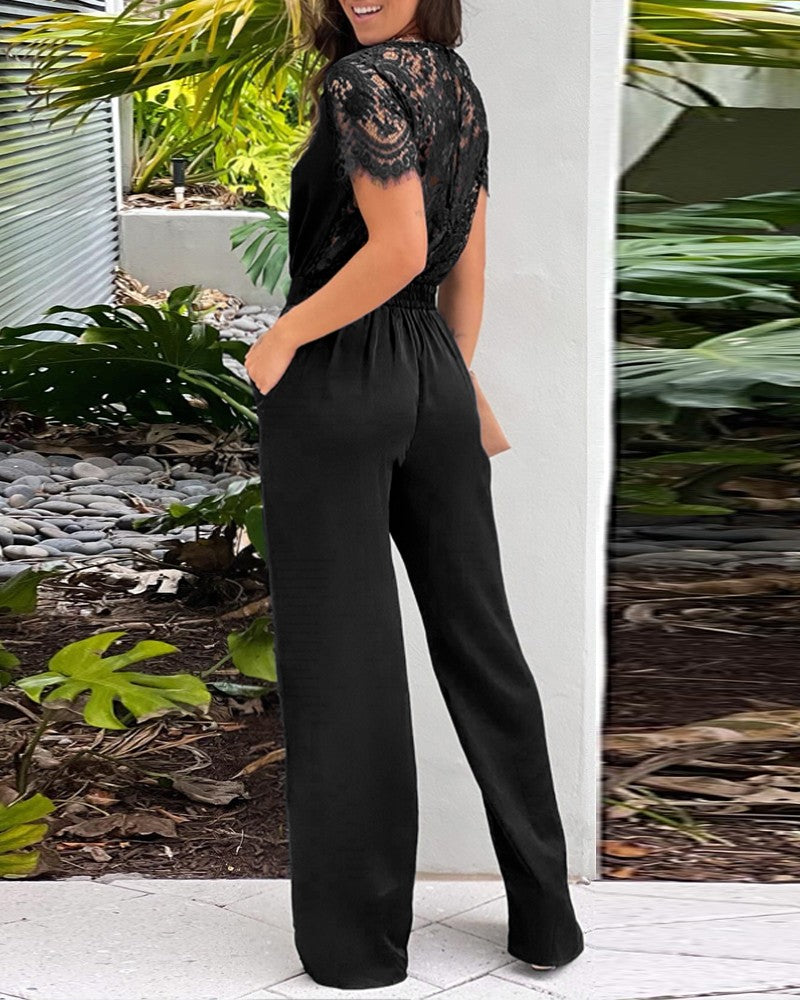 Contrast Lace Round Neck Short Sleeve Jumpsuit Casual Strechy Waist Pocket Design Romper