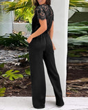 Contrast Lace Round Neck Short Sleeve Jumpsuit Casual Strechy Waist Pocket Design Romper