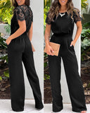 Contrast Lace Round Neck Short Sleeve Jumpsuit Casual Strechy Waist Pocket Design Romper