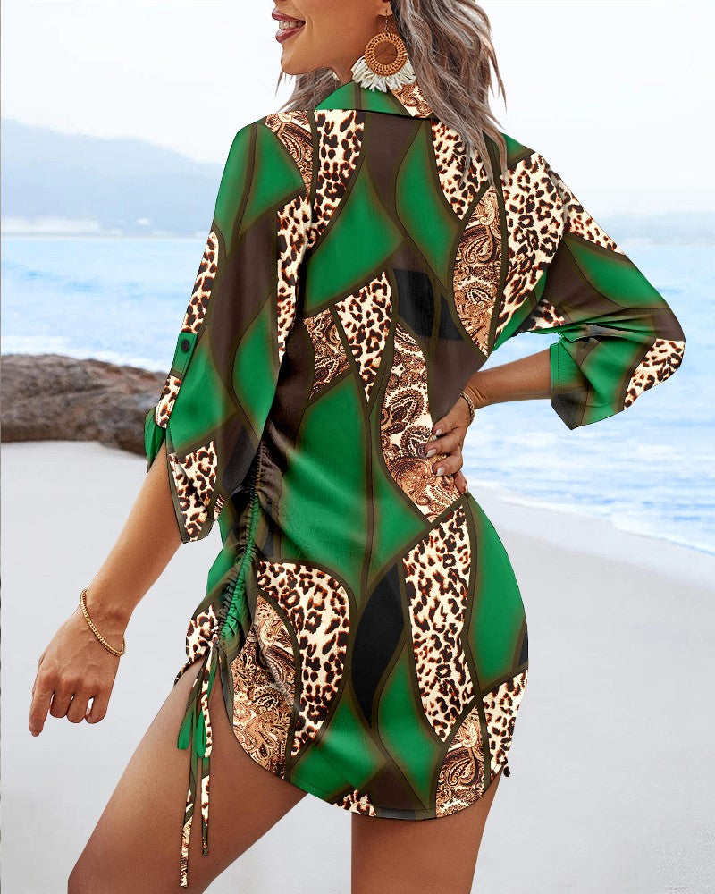 Leopard Colorblock V Neck Roll Up Sleeve Hollow out Drawstring Mini Dress Cover ups