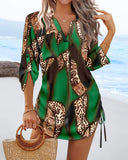 Leopard Colorblock V Neck Roll Up Sleeve Hollow out Drawstring Mini Dress Cover ups