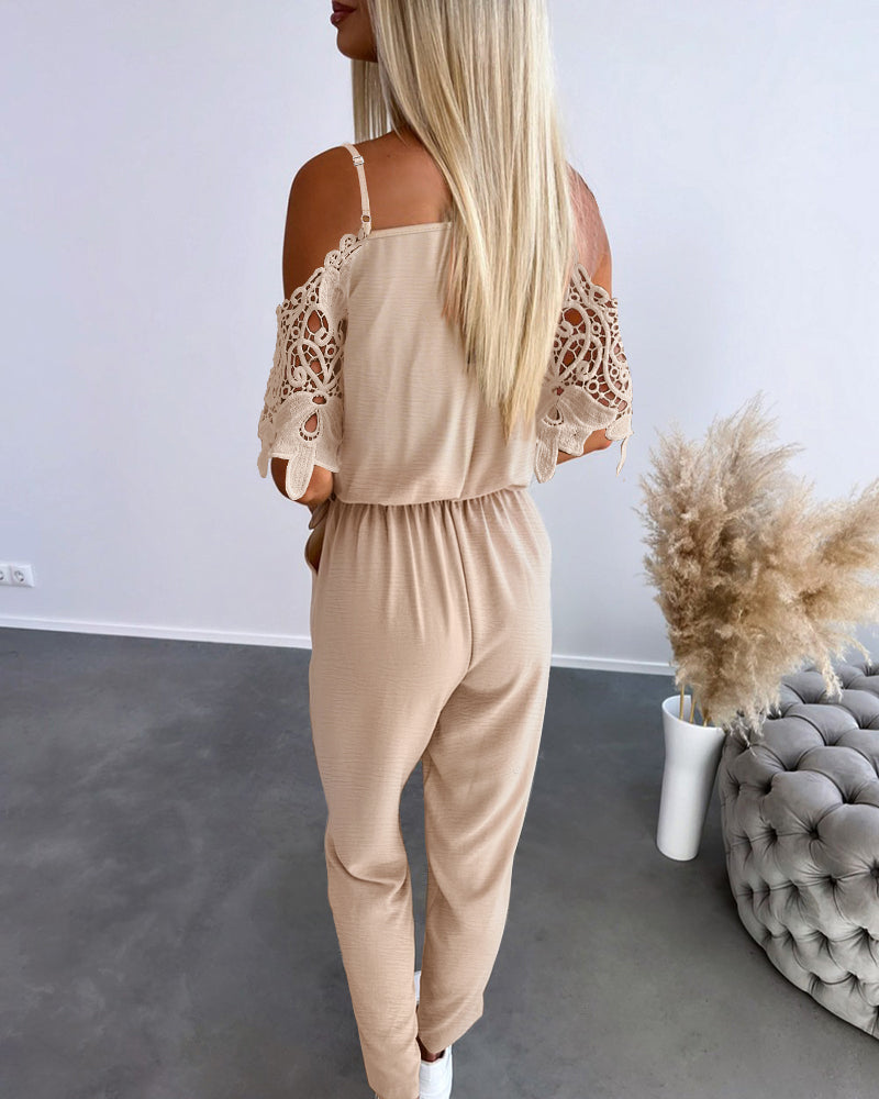 V Neck Spaghetti Strap Metal Chain Decor Lace Trim Overalls Casual Eyelet Embroidery Elastic Waist Jumpsuit With Belt