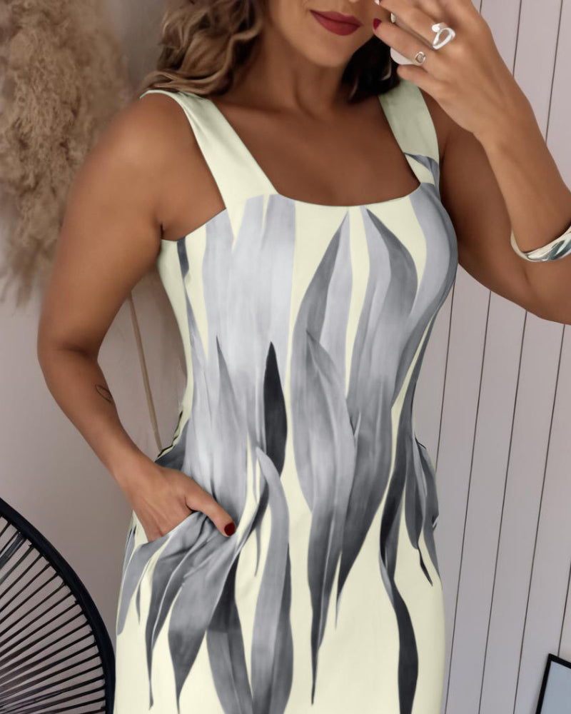 Plants Print Thick Strap Dress Casual Slim Fit Slit Maxi Dress with Pockets
