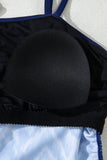Navy Blue Abstract Print Frilled Trim Spaghetti Straps Tankini Set