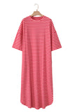 Strawberry Pink Striped 3/4 Sleeve Round Hem Shift T Shirt Dress