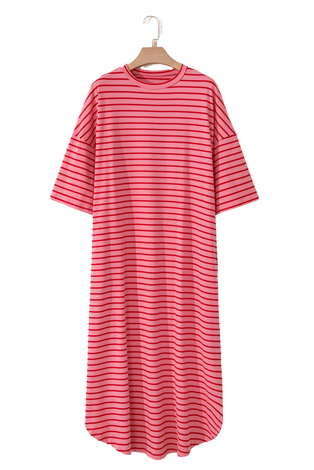 Strawberry Pink Striped 3/4 Sleeve Round Hem Shift T Shirt Dress