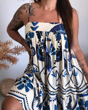 Tropical Print Spaghetti Strap A Line Mini Dress Casual Back Tied Detail Layered Dress