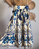 Tropical Print Spaghetti Strap A Line Mini Dress Casual Back Tied Detail Layered Dress