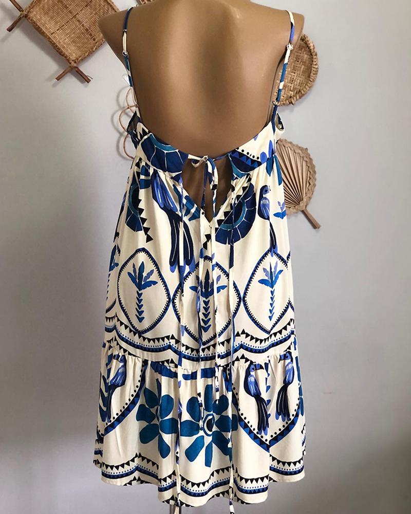 Tropical Print Spaghetti Strap A Line Mini Dress Casual Back Tied Detail Layered Dress