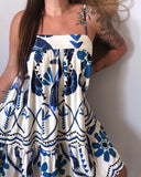 Tropical Print Spaghetti Strap A Line Mini Dress Casual Back Tied Detail Layered Dress