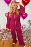 Rose Red Plus Size Ribbed Long Sleeve Shirt and Pants Pajama Set