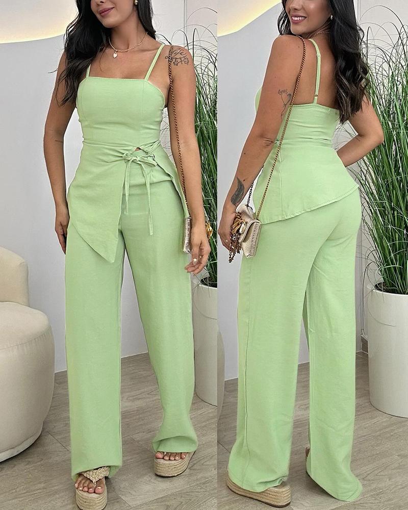 2 Pieces Outfit Sleeveless Elastic Strap Asymmetrical Hem Tied Detail Cami Top and Casual Elastic Back Waist Wide Leg Pleated Pants Set
