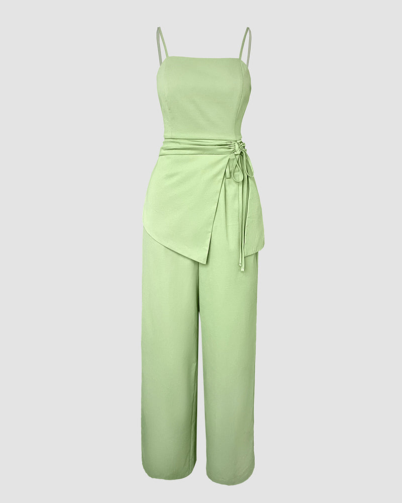 2 Pieces Outfit Sleeveless Elastic Strap Asymmetrical Hem Tied Detail Cami Top and Casual Elastic Back Waist Wide Leg Pleated Pants Set