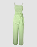 2 Pieces Outfit Sleeveless Elastic Strap Asymmetrical Hem Tied Detail Cami Top and Casual Elastic Back Waist Wide Leg Pleated Pants Set