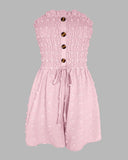 Polka Dot Bandeau Sleeveless Shirred Rompers Casual Button Decor Tied Detail Short Jumpsuit