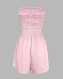 Polka Dot Bandeau Sleeveless Shirred Rompers Casual Button Decor Tied Detail Short Jumpsuit