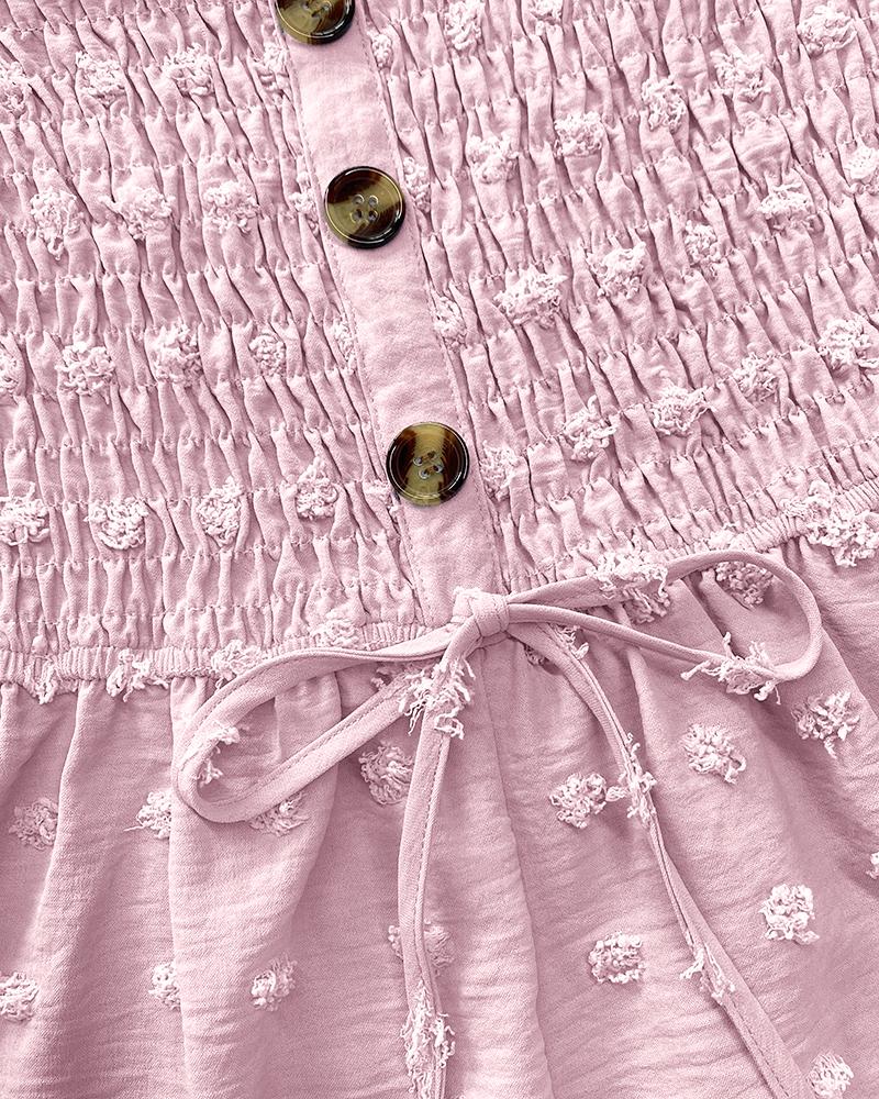 Polka Dot Bandeau Sleeveless Shirred Rompers Casual Button Decor Tied Detail Short Jumpsuit