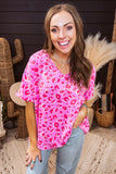 Pink Leopard V Neck Loose Short Sleeve Top