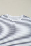 White Stripe Ruffled Short Sleeve Crew Neck T Shirt Shift Mini Dress