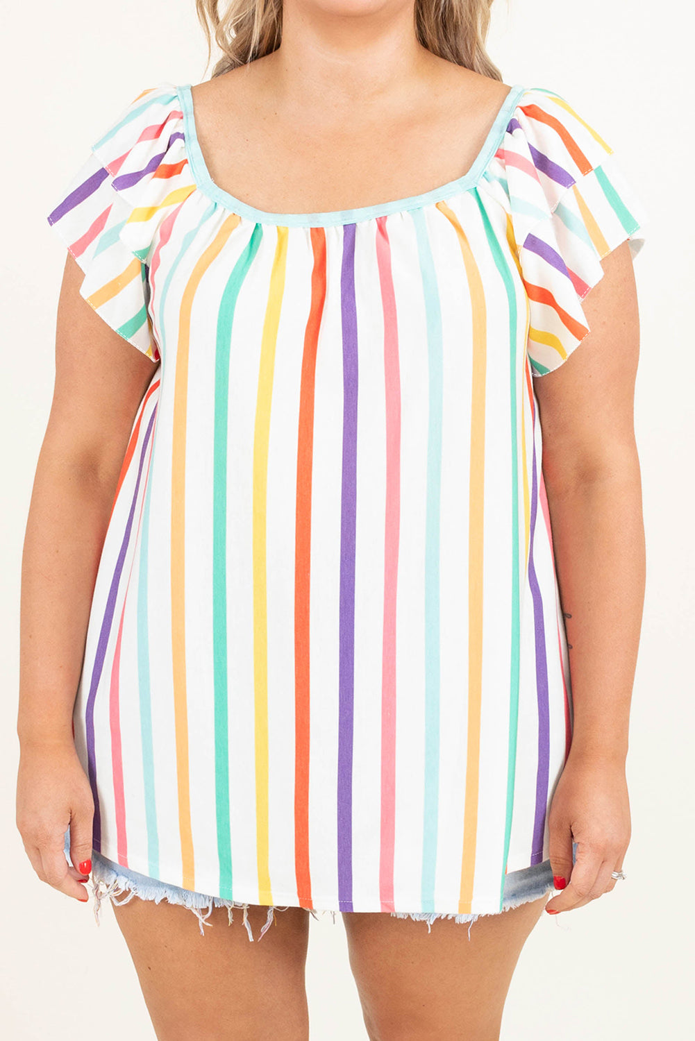 White Stripe Ruffled Sleeve Square Neck Plus Size Blouse